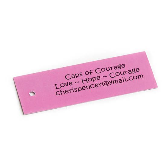 Caps of Courage hangtag with contact info
