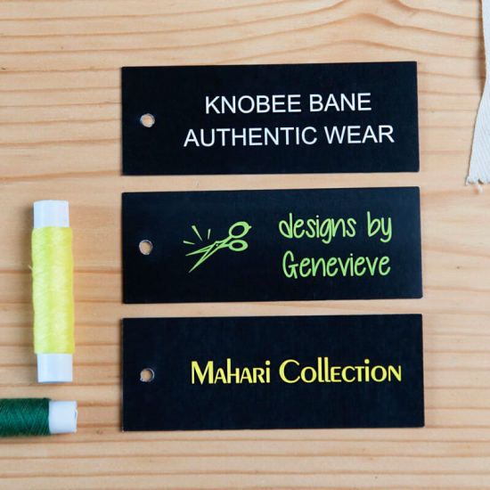 Hang tags printed on black label 